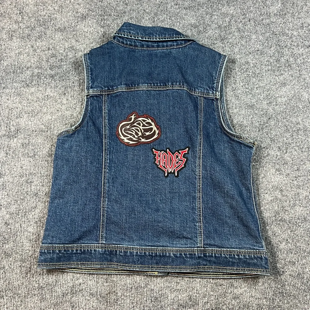 Cat & Jack Trucker‎ Vest Girls XXL Blue Patches Denim Cotton Stretch Snap Front